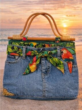 Handmade Upcycled Vintage Denim Tropical Parrot Tote – One of a Kind”